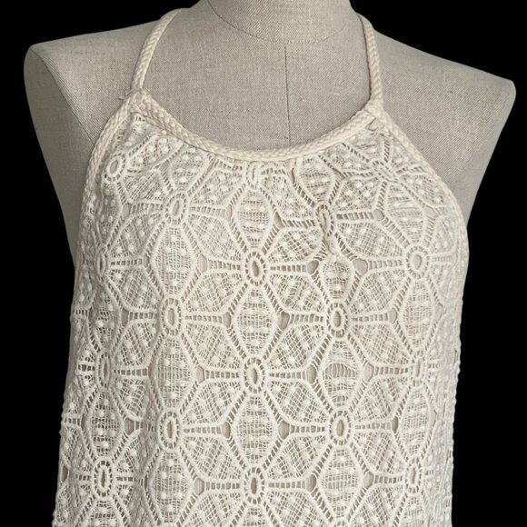 Solitaire Cream Sleeveless Halter Top Crochet Overlay Racerback Womens Size L ? - Picture 2 of 8
